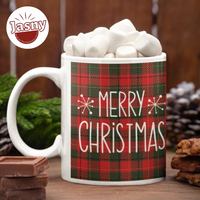 Classic Frohe Weihnachten auf Flanell Hintergrund Zweifarbige Tasse (Von Creator hochgeladen)