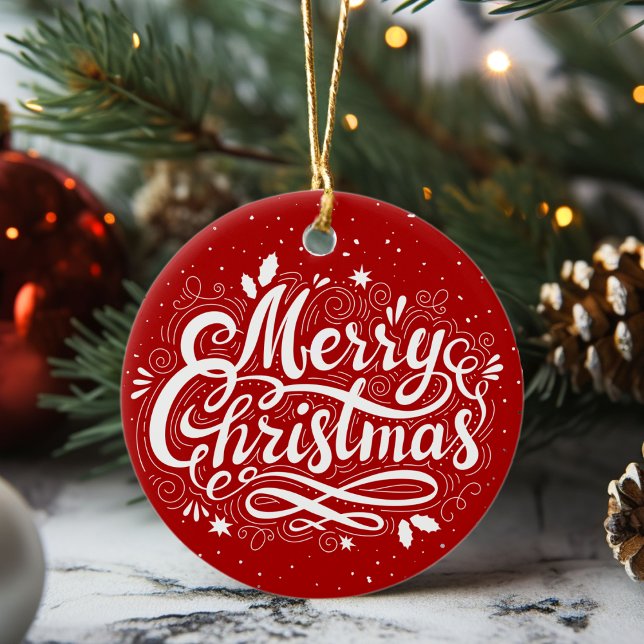 Classic Frohe Weihnachten Feierliche Rot und Weiß Keramik Ornament (Classic Merry Christmas Festive Red and White Ceramic Ornament)
