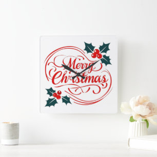 Classic Frohe Weihnachten Holly Berry Holiday Art Quadratische Wanduhr