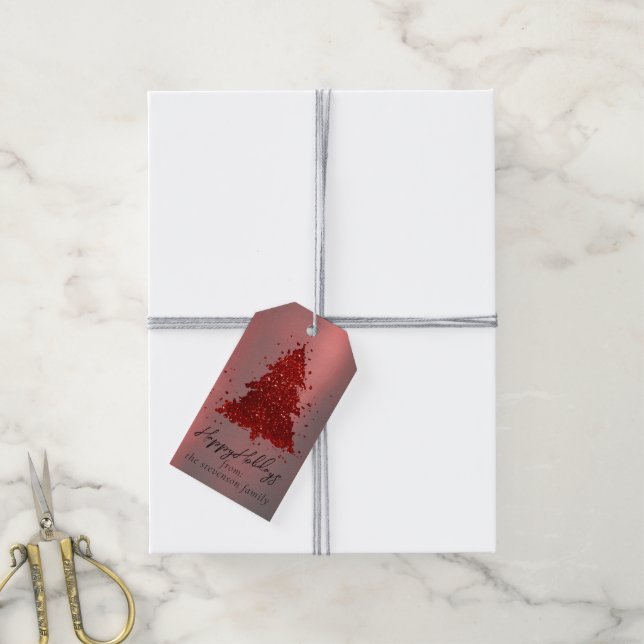 Classic Frohe Weihnachten | Rich Crimson Red Tree Geschenkanhänger (Mit Garn)