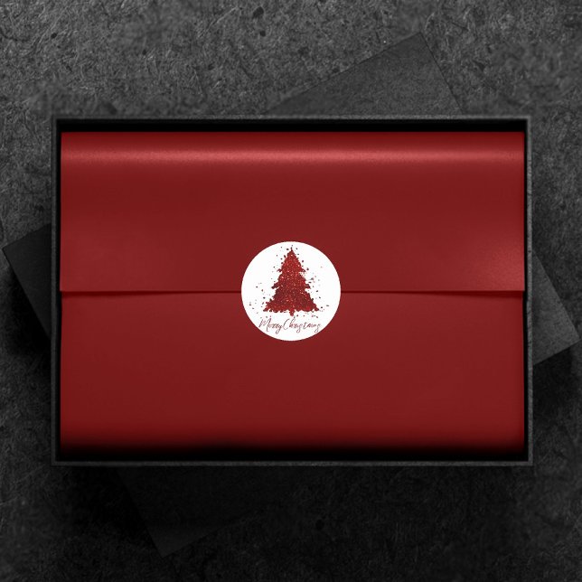 Classic Frohe Weihnachten | Rich Crimson Red Tree Runder Aufkleber (Von Creator hochgeladen)