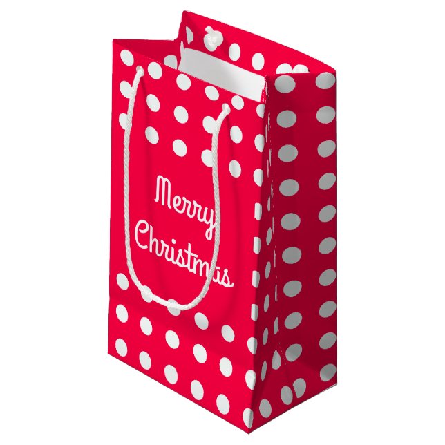 Classic Frohe Weihnachts Text Red White Polka Dots Kleine Geschenktüte (Vorderseite Schrägansicht)