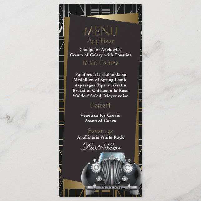Classic Gatsby Deko Black Limo Wedding Menu Menükarte (Vorderseite)