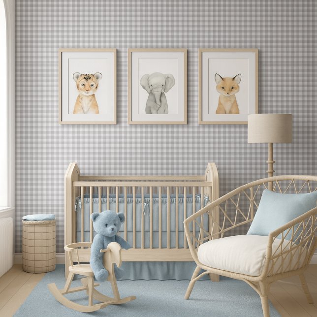 Classic Gingham Checkered Grau White Tapete (Mockup of boy nursery with khaki check wallpaper and blue decor )