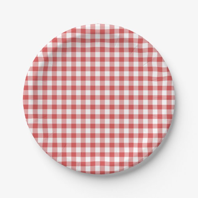 Classic Gingham Coral Red Pappteller (Vorderseite)
