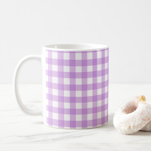 Classic Gingham Karo Kariert Pattern Lilac Kaffeetasse (Mit Donut)