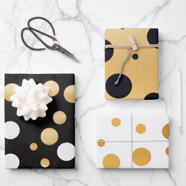 Classic Gold Akzentuiert Schwarz und Weiß Polka Do Geschenkpapier Set (Vorderseite)