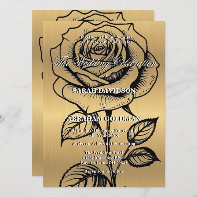 Classic Gold Black Rose Hochzeitseinladungen Einladung (Vorne/Hinten)