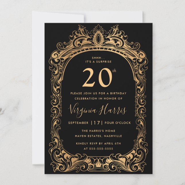 Classic Gold Border Black 20. Geburtstag Einladung (Vorderseite)
