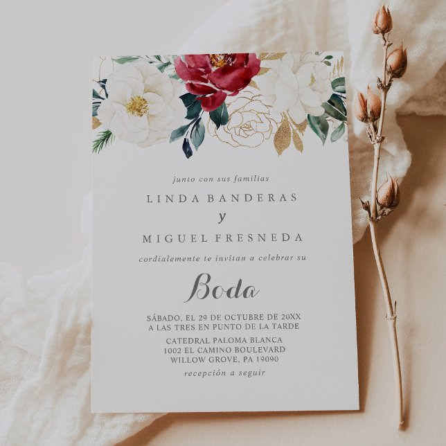 Classic Gold Burgundy Floral Boda Spanish Wedding Einladung (Von Creator hochgeladen)