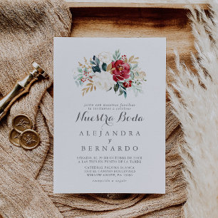 Classic Gold Burgundy Floral Nuestra Boda Wedding Einladung