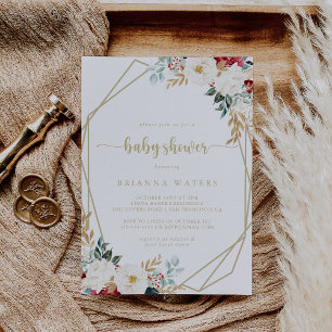 Classic Gold Burgundy White Floral Baby Shower Einladung