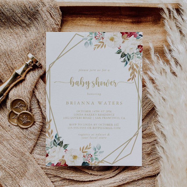 Classic Gold Burgundy White Floral Baby Shower Einladung (Von Creator hochgeladen)
