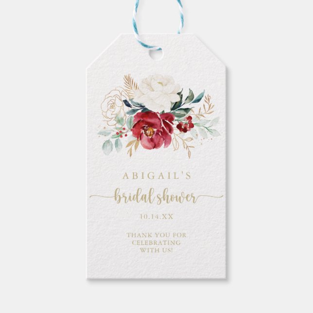 Classic Gold Burgundy White Floral Brautparty Geschenkanhänger (Vorderseite)