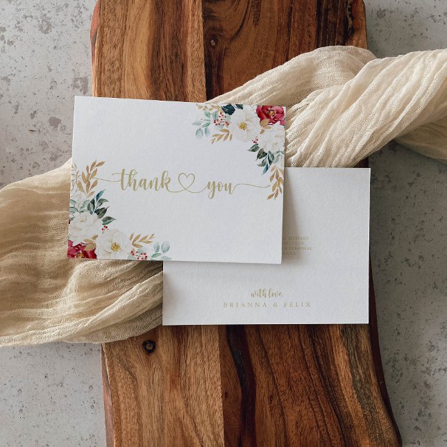 Classic Gold Burgundy White Floral Flat Wedding Dankeskarte (Von Creator hochgeladen)