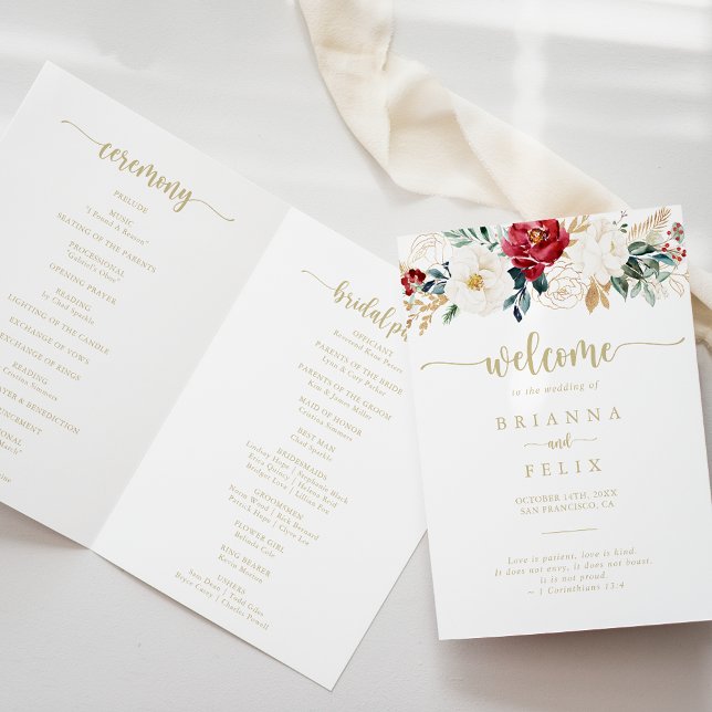 Classic Gold Burgundy White Floral Folded Wedding Programm (Von Creator hochgeladen)