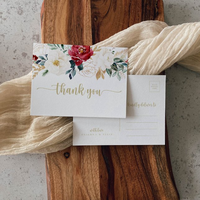Classic Gold Burgundy White Floral Vielen Dank Postkarte (Von Creator hochgeladen)
