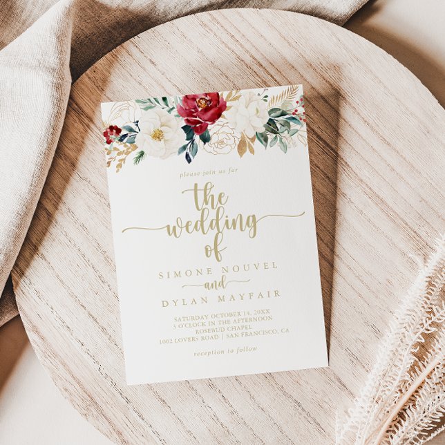Classic Gold Burgundy White Floral Wedding of the Einladung (Von Creator hochgeladen)