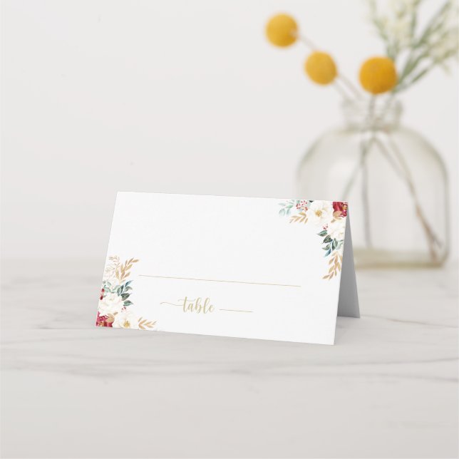 Classic Gold Burgundy White Floral Wedding Platzkarte (Vorderseite)