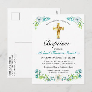 Classic Gold Cross Boy's Blue Baptism Invitation