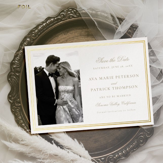 Classic Gold Double Frame Foto Hochzeitdatum Geret Folieneinladung (wedding photo save the date gold double frame formal modern classic traditional stately royal)