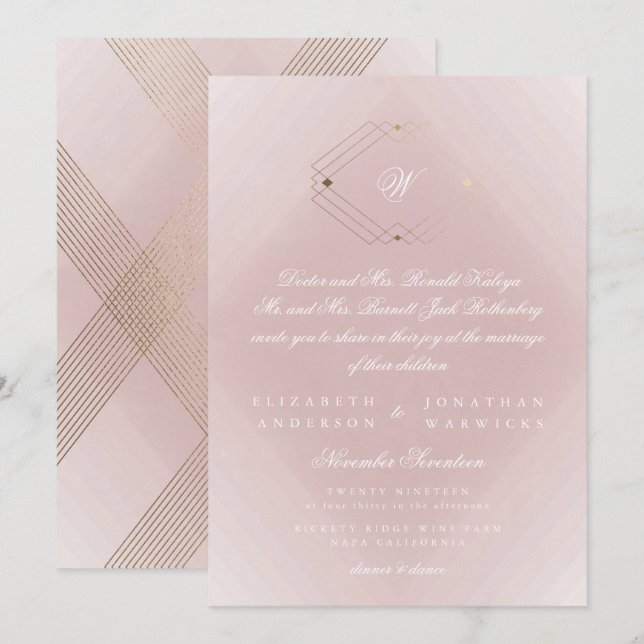 Classic Gold Dusty Rose Pink Monogram Wedding Einladung (Vorne/Hinten)