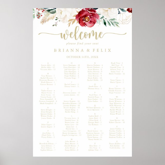Classic Gold Floral Alphabetischer Sitzplan Poster (Vorne)