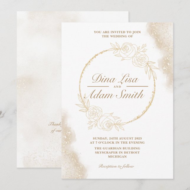 Classic Gold Floral Elegante schicke Hochzeit Einladung (Vorne/Hinten)
