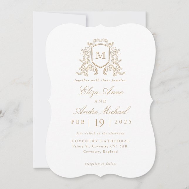 Classic Gold Floral Monogram Wappen Wedding Einladung (Vorderseite)