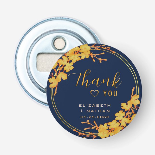 Classic Gold Floral Navy Blue Wedding Vielen Dank Flaschenöffner (Vorderseite)