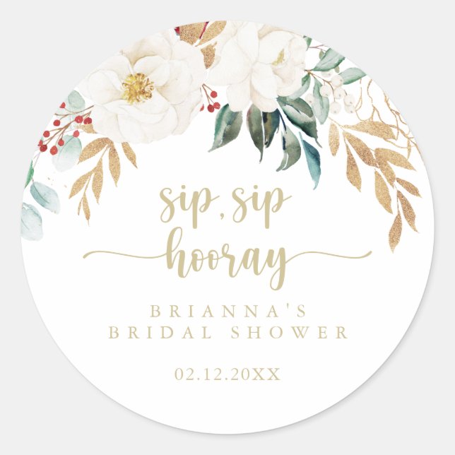 Classic Gold Floral Sip Hooray Brautparty Runder Aufkleber (Vorderseite)