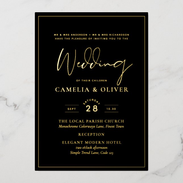 Classic GOLD FOIL Black Elegante Hochzeit Folieneinladung (Vorderseite)