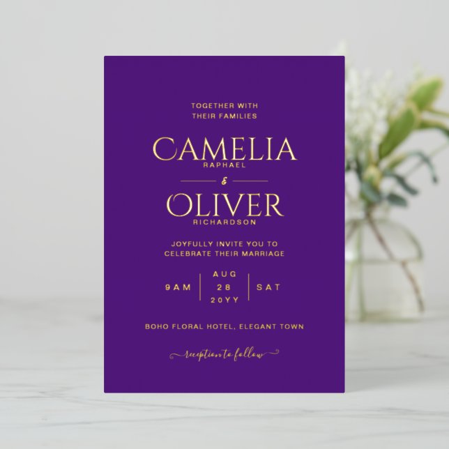 Classic GOLD FOIL Text Lila Wedding Elegant Folieneinladung (Stehend vorne)