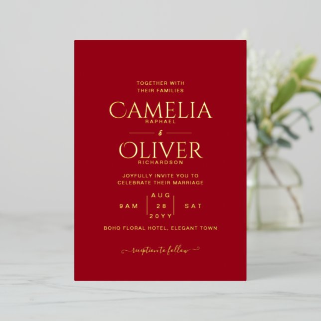 Classic GOLD FOIL Text Red Wedding Elegant Folieneinladung (Stehend vorne)