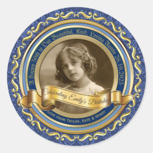 Classic Gold Foto Frame Elegantes Banner Dunkelbla Runder Aufkleber