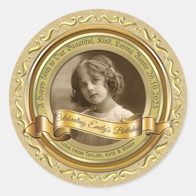 Classic Gold Foto Frame Elegantes Banner Gelb Runder Aufkleber (Vorderseite)