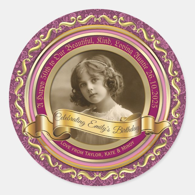 Classic Gold Foto Frame Elegantes Banner Rosa Runder Aufkleber (Vorderseite)