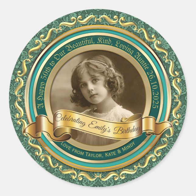Classic Gold Foto Frame Elegantes Banner Türkis Runder Aufkleber (Vorderseite)
