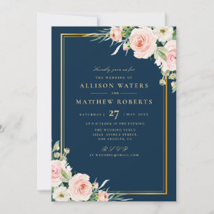 Classic Gold Frame Rosa Blush Bloral Navy Hochzeit Einladung