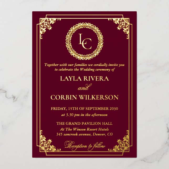 Classic Gold Frame Royal Monogram Wedding Folieneinladung (Vorderseite)