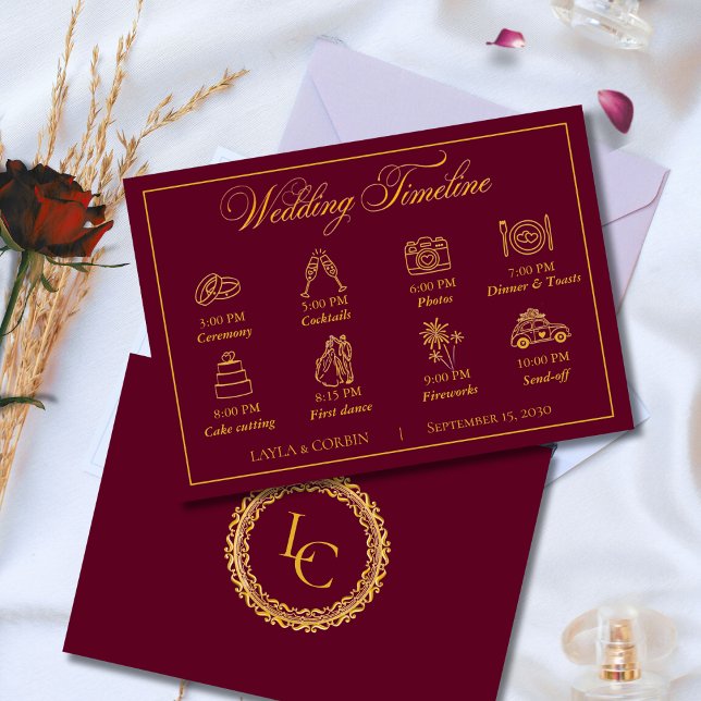 Classic Gold Frame Royal Monogram Wedding Timeline Begleitkarte (Von Creator hochgeladen)