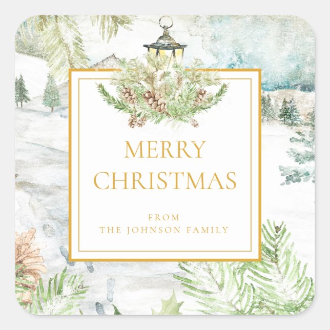 Classic Gold Frohe Weihnachten Wasserfarben Schnee Quadratischer Aufkleber (Vorderseite)