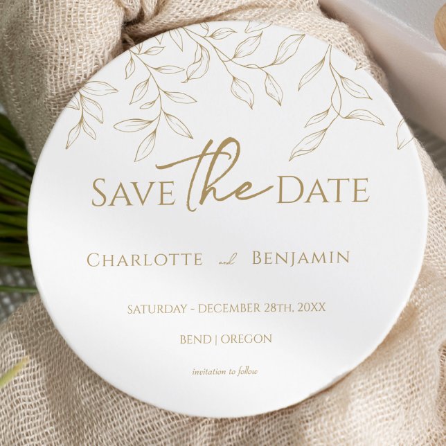 Classic Gold Greenerity Wedding Round Save the Dat Date (Von Creator hochgeladen)