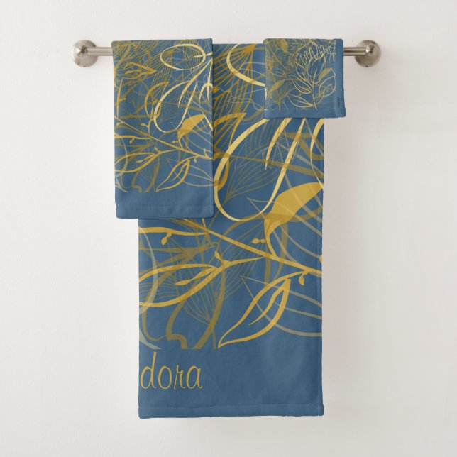 Classic Gold Leaf Blue Background Badhandtuch Set (Insitu)