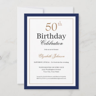 Classic Gold Navy Blue 50th Birthday Party Einladung