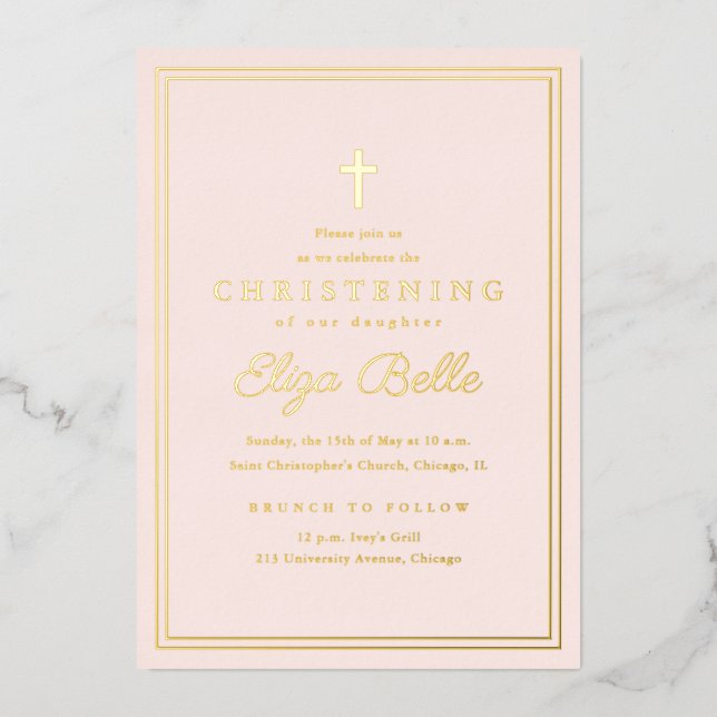 Classic Gold Religious Christening Folieneinladung (Vorderseite)