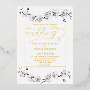 Classic Gold White Orchids Romantische Hochzeit Folieneinladung