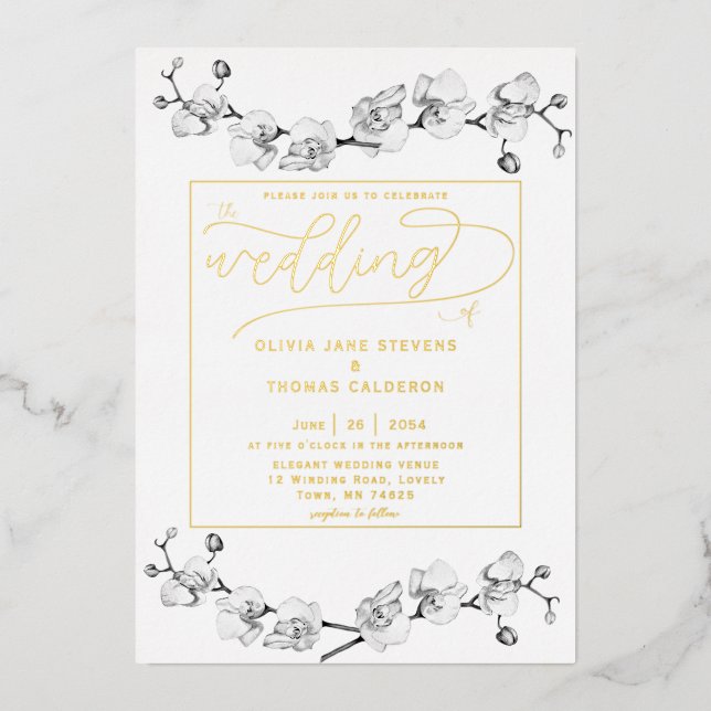 Classic Gold White Orchids Romantische Hochzeit Folieneinladung (Vorderseite)