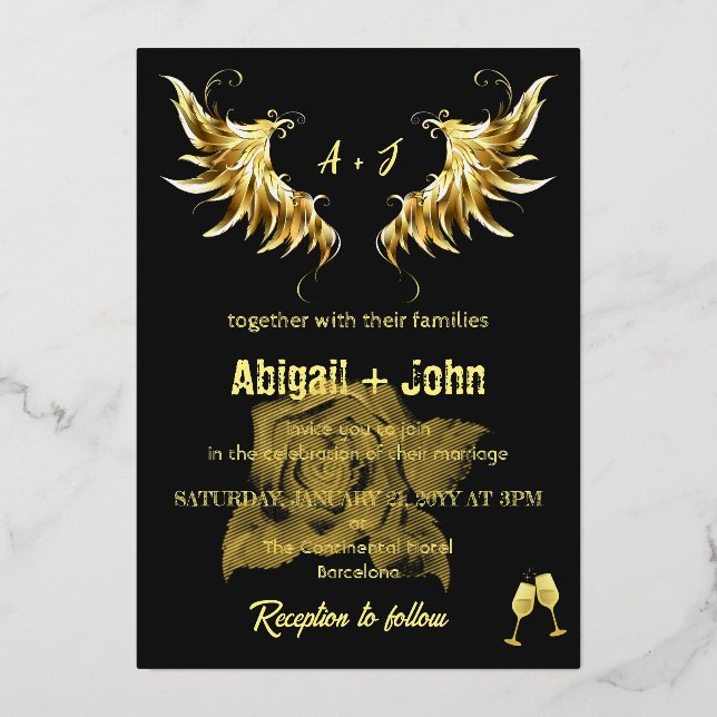 Classic Gold Wing Rose Minimalistisches Hochzeitsf Folieneinladung (Vorderseite)