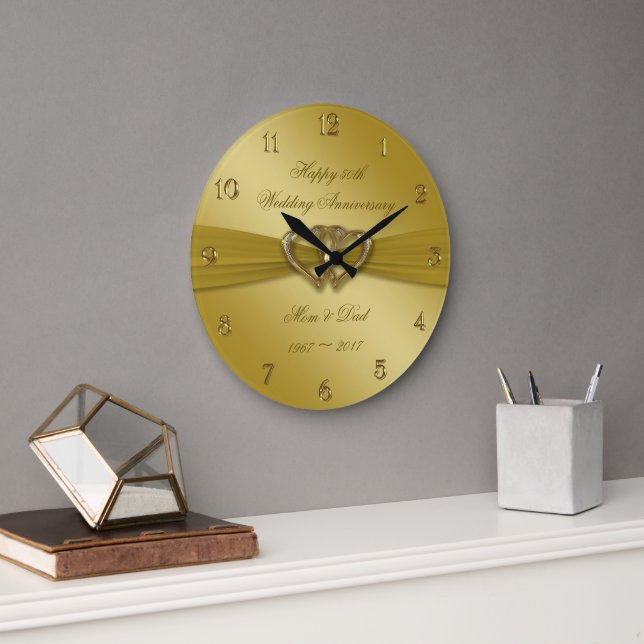 Classic Golden 50th Wedding Anniversary Wall Clock Große Wanduhr (Büro)